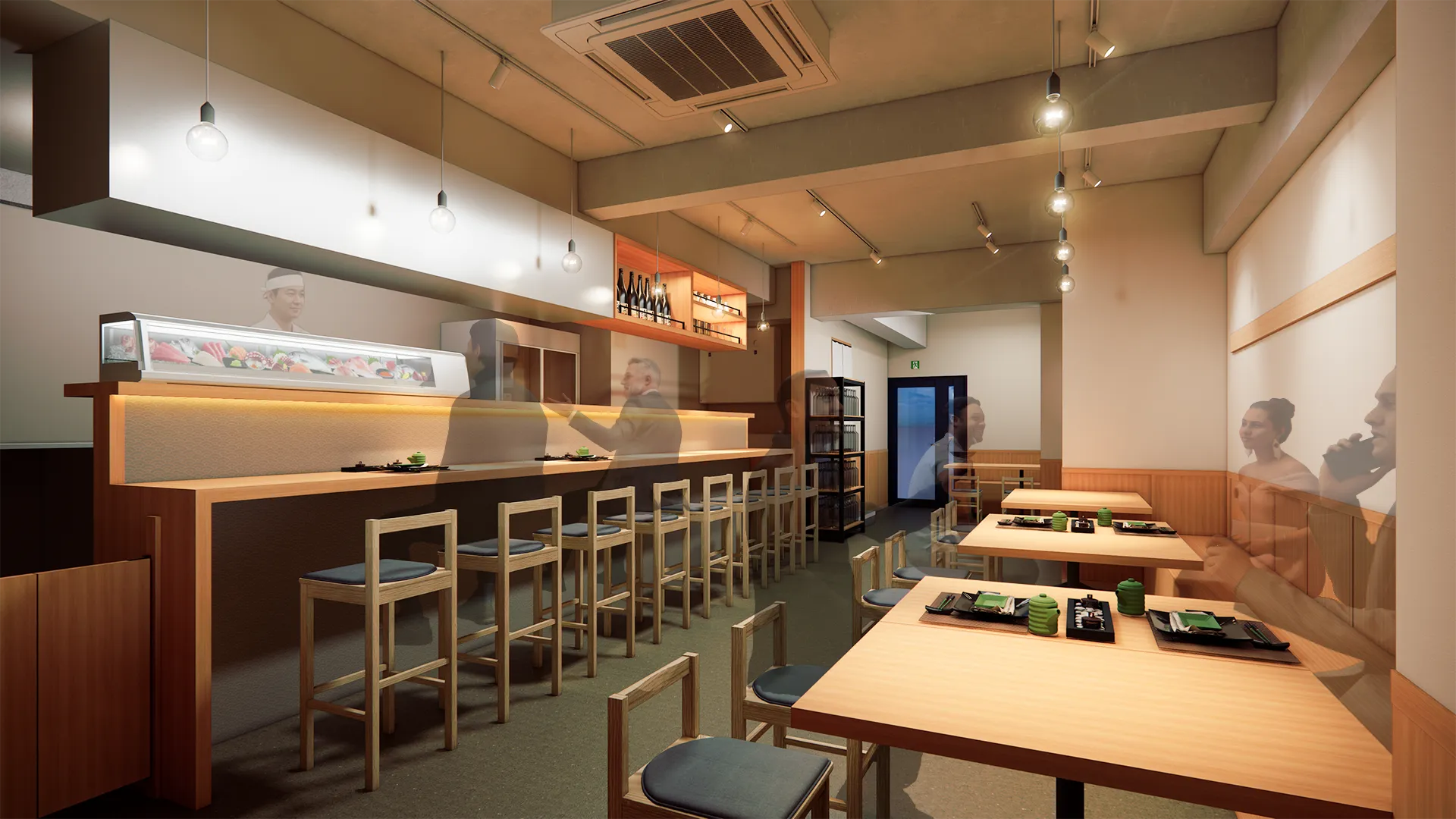 客席側から見た銀座の寿司店内観CGパース