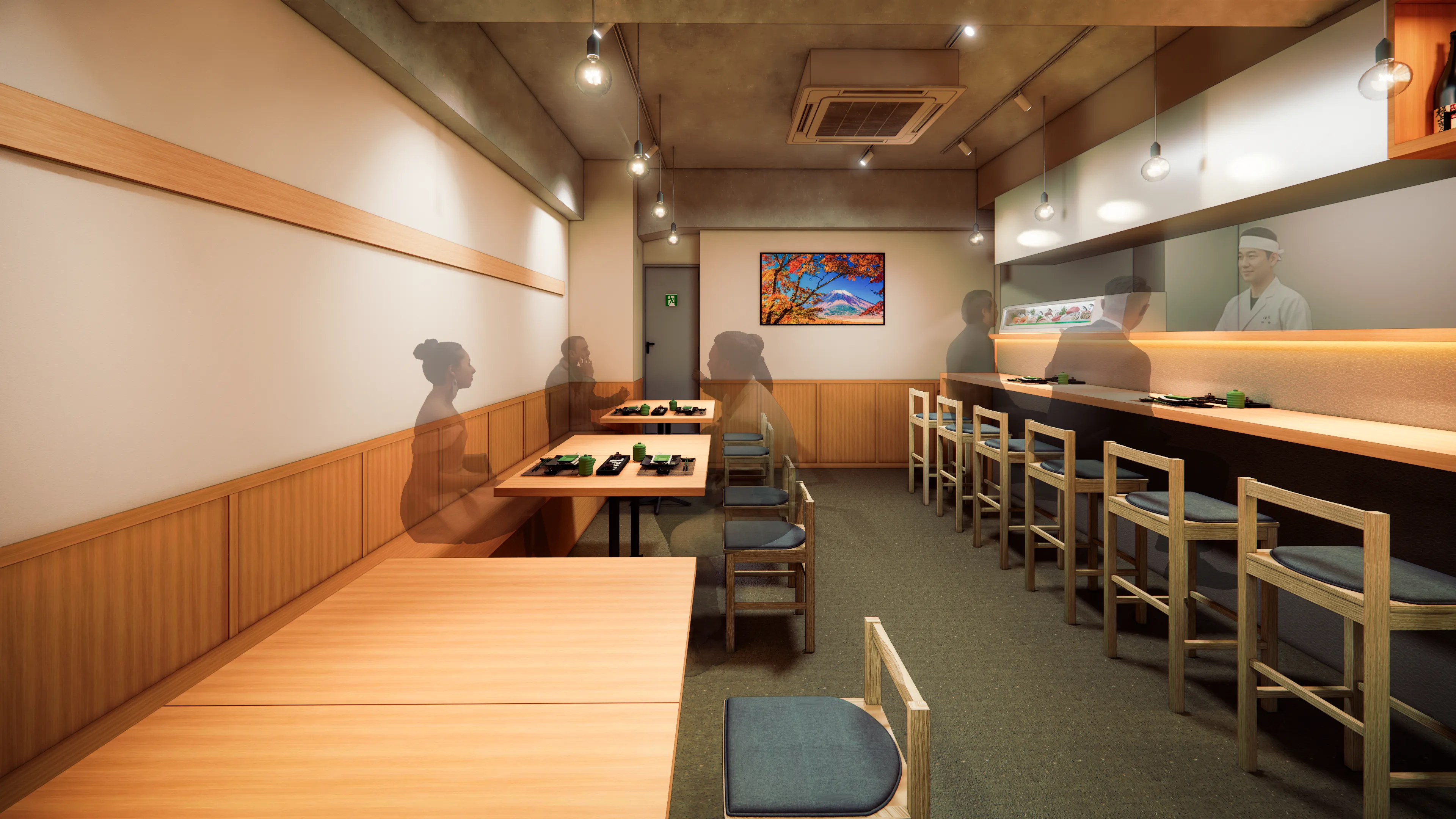 東京銀座の寿司店の内観CGパース
